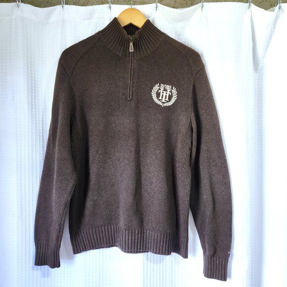 Tommy Hilfiger Sweater Size Medium Knit Brown 1/4 Zip Pullover Patched Elbows - Picture 1 of 10